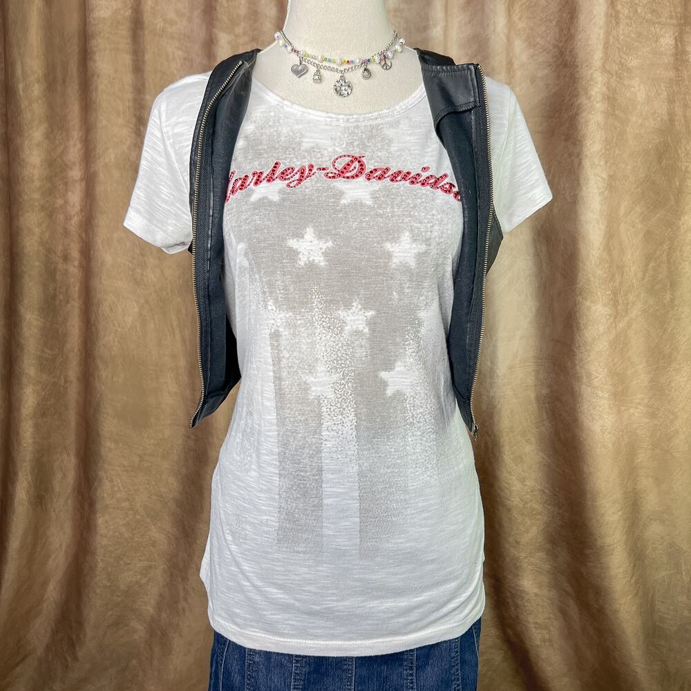 Harley Davidson Rhinestone T-Shirt American Flag Short Sleeve Biker Indie Sleaze